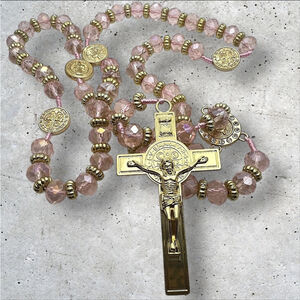 Pink & Gold Faceted Glass Bead Large 21” Prayer Religious Rosary